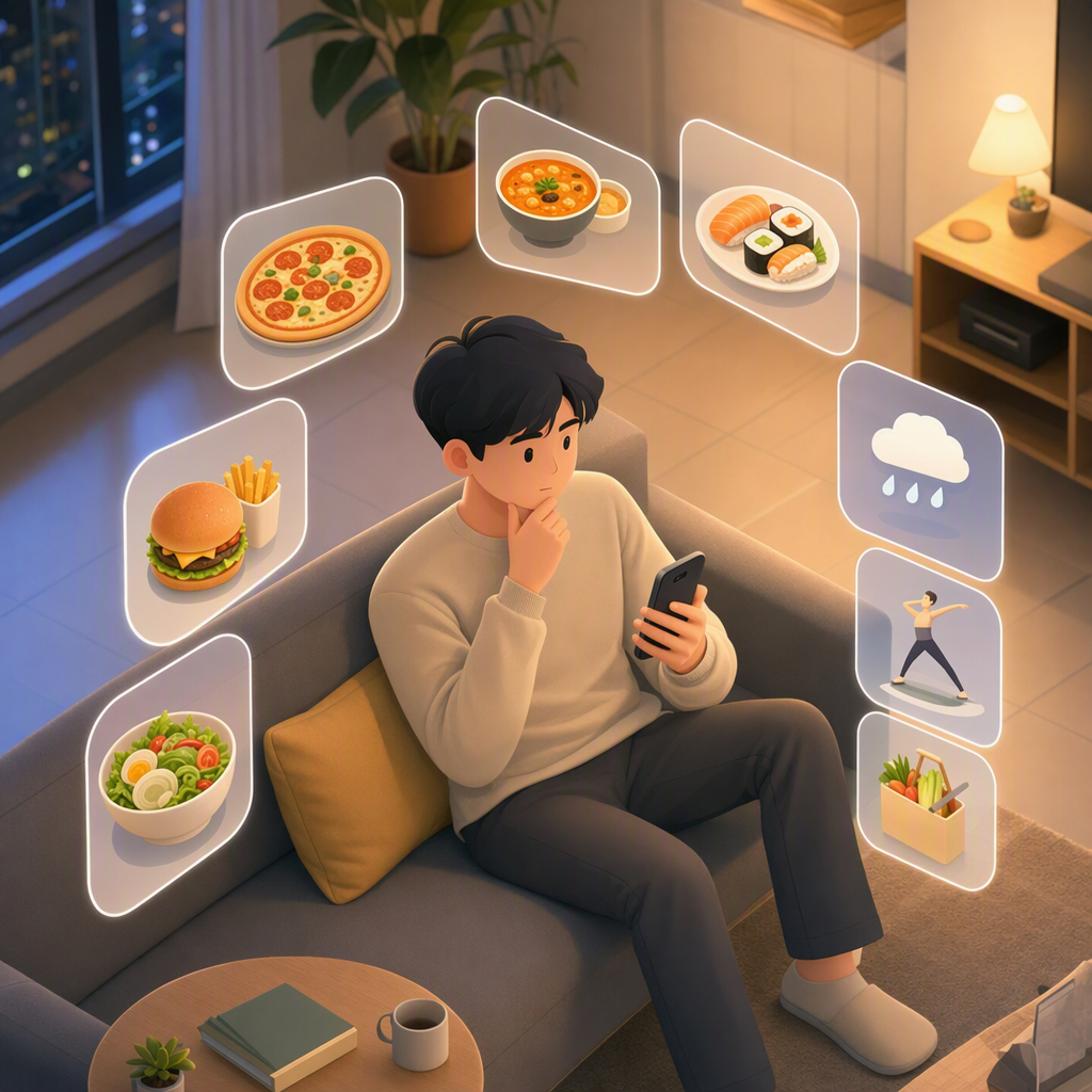 '오늘 뭐 먹지'에 지친 사람에게 메뉴 3개만 보여주면, 2주 안에 주문까지 이어질까? 화면 1